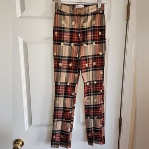 URBAN OUTFITTERS SZ 0 HIGH RISE PLAID PANT METALLIC BEE PRINT PANTS ACADEMIA
